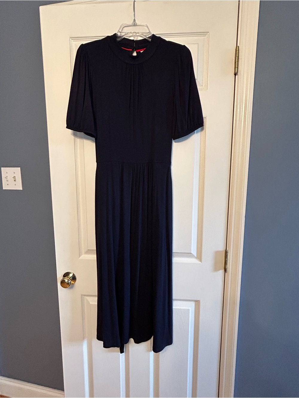 Boden Navy Midi Dress with Short Puff Sleeves
